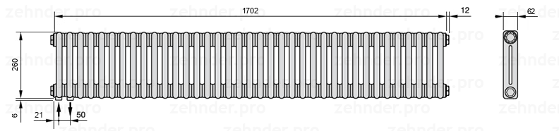 Схема (чертеж) Радиатор Zehnder Charleston 2026/37 №3370 Белый глянцевый RAL 9016